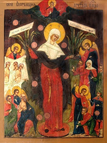 Петербургская икона «Всех скорбящих Радость с грошиками», на доске видны прилипшие медные монеты