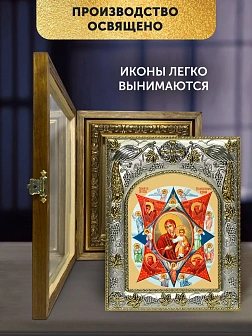 Икона Неопалимая Купина Божия Матерь в ризе и деревянном киоте, 26х22 см