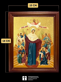 Икона Божией Матери Всех скорбящих Радость с золочением, деревянная рамка со стеклом 15х18х2 см 153
