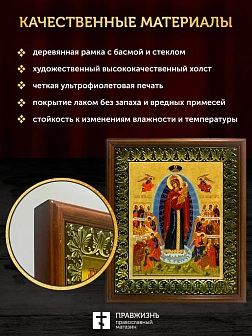 Икона Божией Матери Всех Скорбящих Радость, деревянная рамка с басмой и стеклом 18х21х2,5 см 153