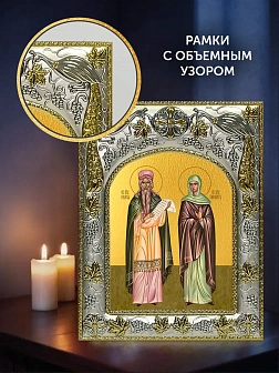 Икона Захария и Елисавета Праведные в ризе и деревянном киоте, 26х22 см