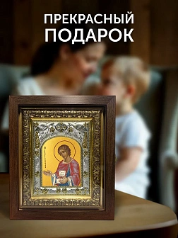 Икона Пантелеймон Целитель в ризе и киоте под дерево, 27х23 см