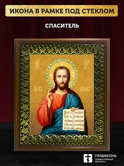 Икона Спаситель Господь Иисус Христос, деревянная рамка с басмой и стеклом 18х21х2,5 см 214
