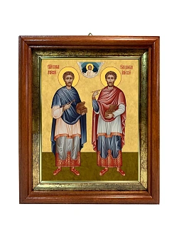 Икона Косьма и Дамиан бессребренники и чудотворцы в киоте 18х21х4 см 1221