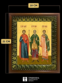 Икона Гурий Самон и Авив мученики и исповедники, деревянная рамка с басмой и стеклом 18х21х2,5 см 06