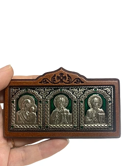 Икона в машину триптих Богородица Спаситель Николай Чудотворец зеленая эмаль A45-3(G)_KRA