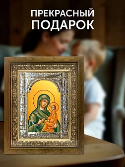 Икона Тихвинская Божия Матерь в ризе и деревянном киоте, 33х27 см