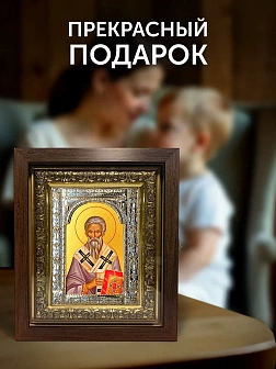 Икона Геннадий Новгородский в ризе и киоте под дерево, 33х27 см