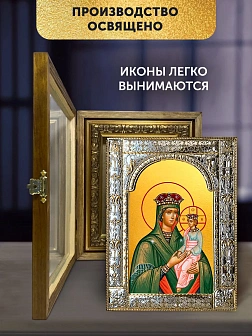 Икона Споручница грешных Божия Матерь в ризе и деревянном киоте, 33х27 см