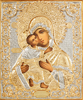 Икона живописная Божией Матери «Владимирская» 22х26, масло, риза №250, золочение Икона живописная Божией Матери «Владимирская» 22х26, масло, риза №250, золочение