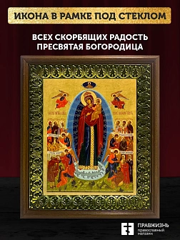 Икона Божией Матери Всех Скорбящих Радость, деревянная рамка с басмой и стеклом 18х21х2,5 см 153