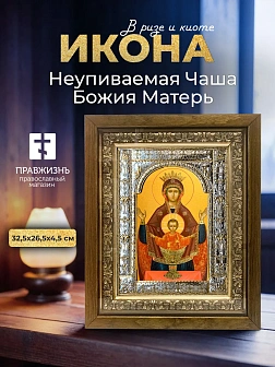 Икона Неупиваемая Чаша Божия Матерь в ризе и деревянном киоте, 33х27 см