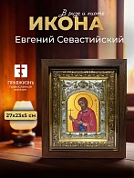 Икона Евгений Севастийский в ризе и киоте под дерево, 27х23 см