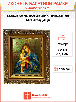 Икона Божией Матери Взыскание погибших с золочением, широкая рамка 19,5х22,5х2 см