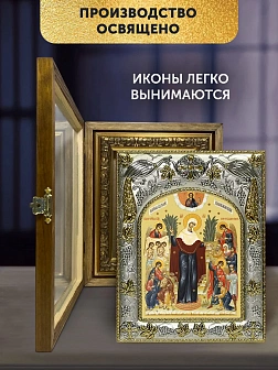 Икона Всех Скорбящих Радость Божия Матерь в ризе и деревянном киоте, 26х22 см