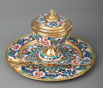 Ладаница на блюде филигрань, эмаль, роспись / золочение