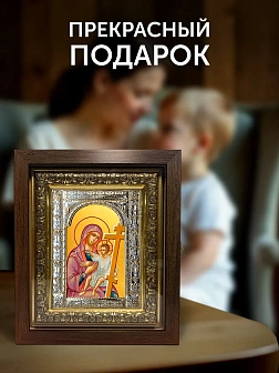 Икона Новоникитская Божия Матерь в ризе и киоте под дерево, 33х27 см