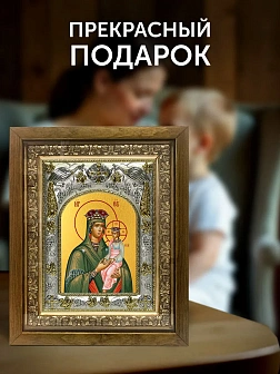 Икона Споручница грешных Божия Матерь в ризе и деревянном киоте, 26х22 см