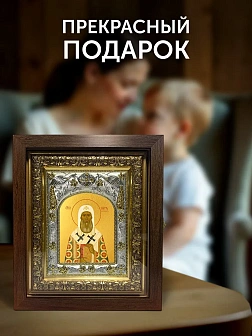 Икона Петр Митрополит Московский в ризе и киоте под дерево, 27х23 см