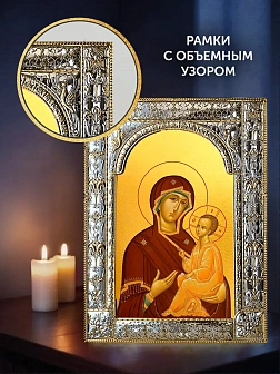 Икона Тихвинская Божия Матерь в ризе и деревянном киоте, 33х27 см