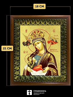 Икона Божией Матери Млекопитательница с золочением, деревянная рамка с басмой и стеклом 18х21х2,5 см Икона Божией Матери Млекопитательница с золочением, деревянная рамка с басмой и стеклом 18х21х2,5 см
