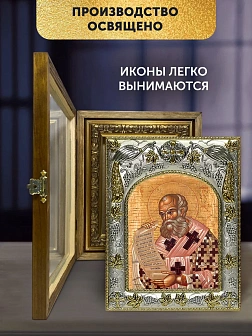 Икона Афанасий Александрийский в ризе и деревянном киоте, 26х22 см