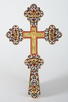 Крест напрестольный №5 литьевое распятие, филигрань, эмаль, хим.гравировка / золочение