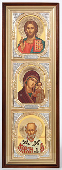 Икона в киоте 20х70 сложный, темпера, венчик, риза-рамка объемная, открытая, золочение Спаситель-Казанская БМ-Н.Чудотворец