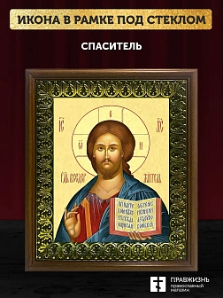Икона Спаситель Господь Иисус Христос, деревянная рамка с басмой и стеклом 18х21х2,5 см 214