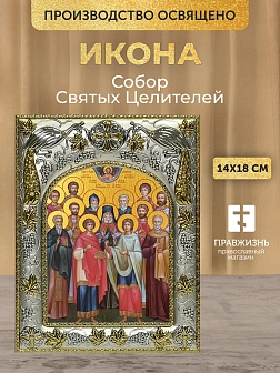 Икона Собор Святых Целителей в ризе, 18х14 см