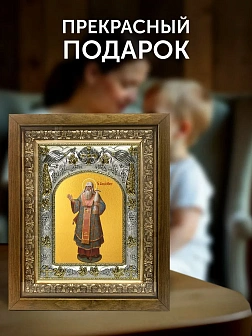 Икона Алексий Митрополит Московский в ризе и деревянном киоте, 26х22 см