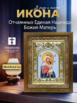 Икона Отчаянных Единая Надежда Божия Матерь в ризе и деревянном киоте, 26х22 см