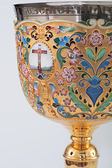 Потир 3.0л 4-финифти, филигрань, эмаль, роспись / поддон конус 2, 0л потира / золочение / мельхиоровый стакан