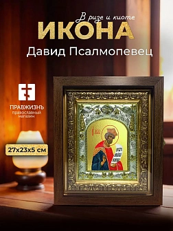Икона Давид Псалмопевец в ризе и киоте под дерево, 27х23 см Икона Давид Псалмопевец в ризе и киоте под дерево, 27х23 см