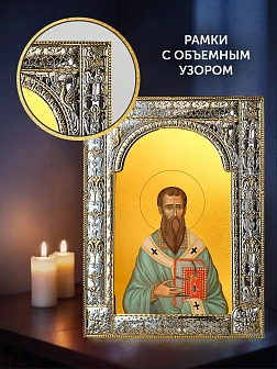 Икона Василий Великий в ризе и деревянном киоте, 33х27 см