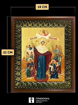 Икона Божией Матери Всех скорбящих Радость с золочением, деревянная рамка с басмой и стеклом 18х21х2