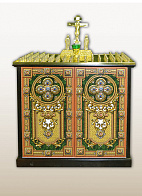 Панихидный стол Маркетри №239 на 106 свечей с дверкой и полкой