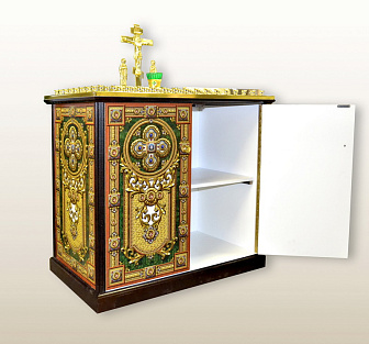 Панихидный стол Маркетри №239 на 106 свечей с дверкой и полкой