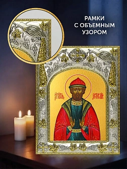 Икона Ростислав Смоленский в ризе и деревянном киоте, 26х22 см