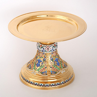 Дискос с поддискосником / ф280мм-конус потира 2, 0л / филигрань, эмаль, роспись, ручная гравировка / золочение