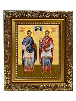 Икона Косьма и Дамиан бессребренники и чудотворцы, широкая рамка 19,5х22,5х2 см 1221