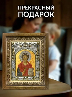 Икона Пантелеймон Целитель в ризе и деревянном киоте, 26х22 см