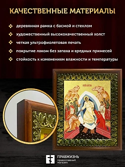Икона Воскресение Христово с золочением, деревянная рамка с басмой и стеклом 18х21х2,5 см 1113