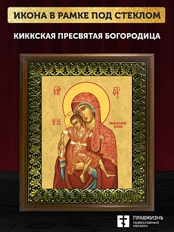 Икона Божией Матери Киккская, деревянная рамка с басмой и стеклом 18х21х2,5 см 1120