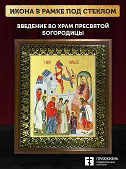 Икона Введение во храм Пресвятой Богородицы с золочением, деревянная рамка с басмой и стеклом 18х21х