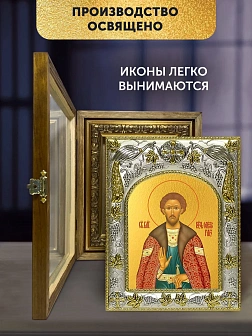 Икона Олег Рязанский в ризе и деревянном киоте, 26х22 см
