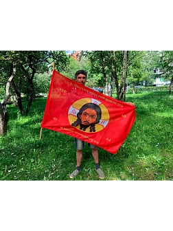 Флаг 057 Спас Нерукотворный Поражу ненавидящих его, красный фон, 90х135 см, материал сетка для улицы