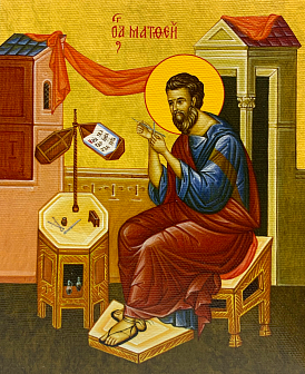 Икона Матфей Евангелист Апостол на холсте в киоте 101