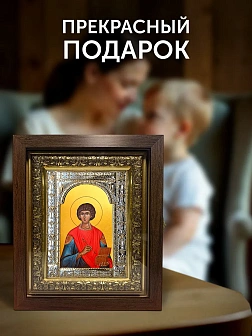 Икона Пантелеймон Целитель в ризе и киоте под дерево, 33х27 см