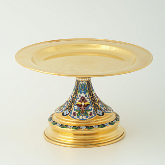 Дискос с поддискосником / ф240мм-конус потира 0, 5л / филигрань, эмаль, ручная гравировка / золочение